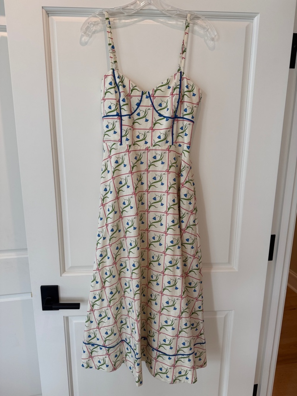 Anthropologie Cream Midi Dress with Blue Piping and Green Floral Motif